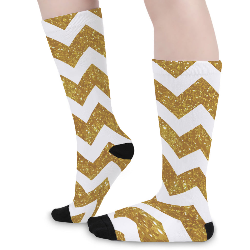 Gold And White Chevron Pattern Print Long Socks