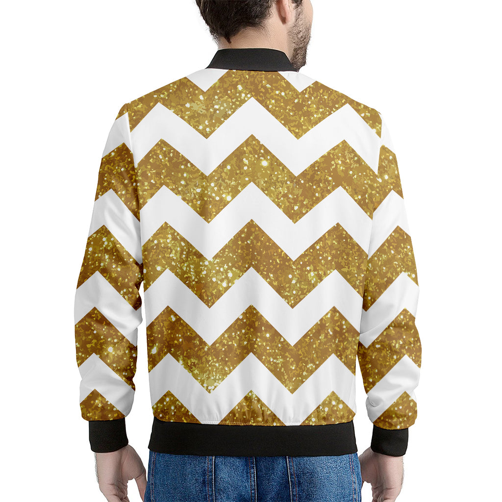 Gold And White Chevron Pattern Print Men's Bomber Jacket