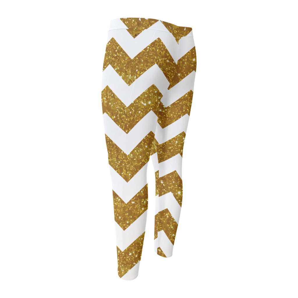 Gold And White Chevron Pattern Print Men's Compression Pants