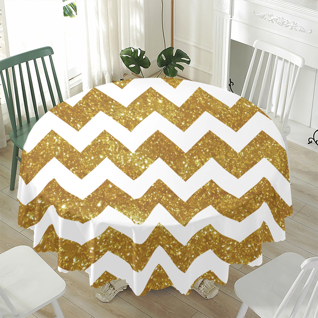 Gold And White Chevron Pattern Print Waterproof Round Tablecloth