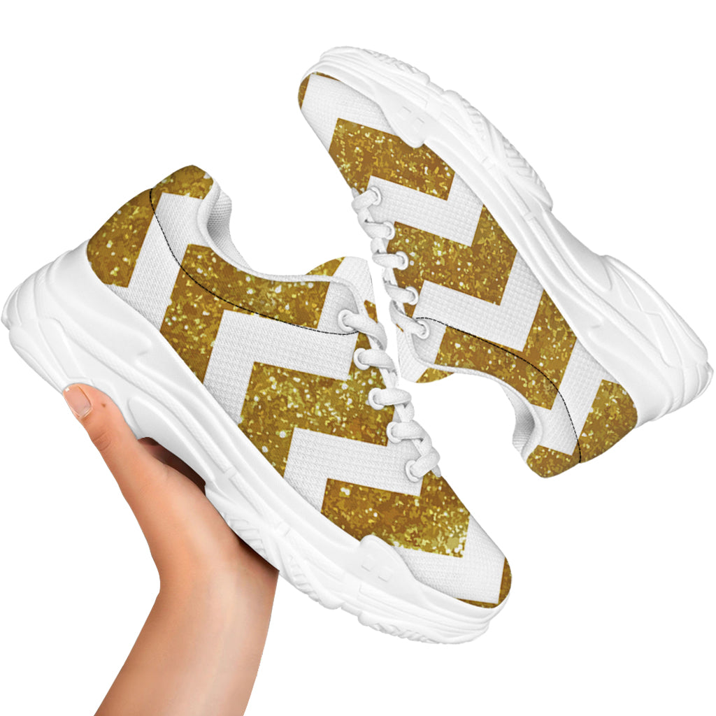 Gold And White Chevron Pattern Print White Chunky Shoes