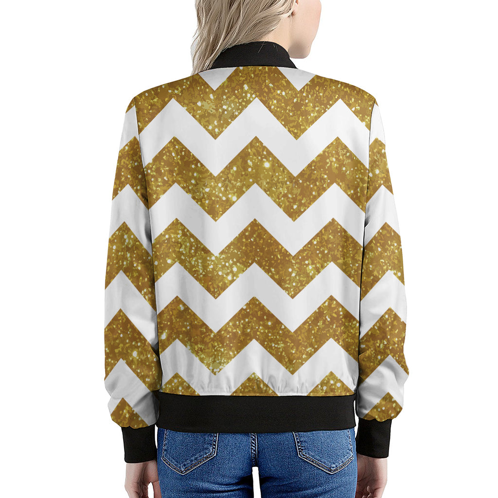 Gold And White Chevron Pattern Print Women's Bomber Jacket