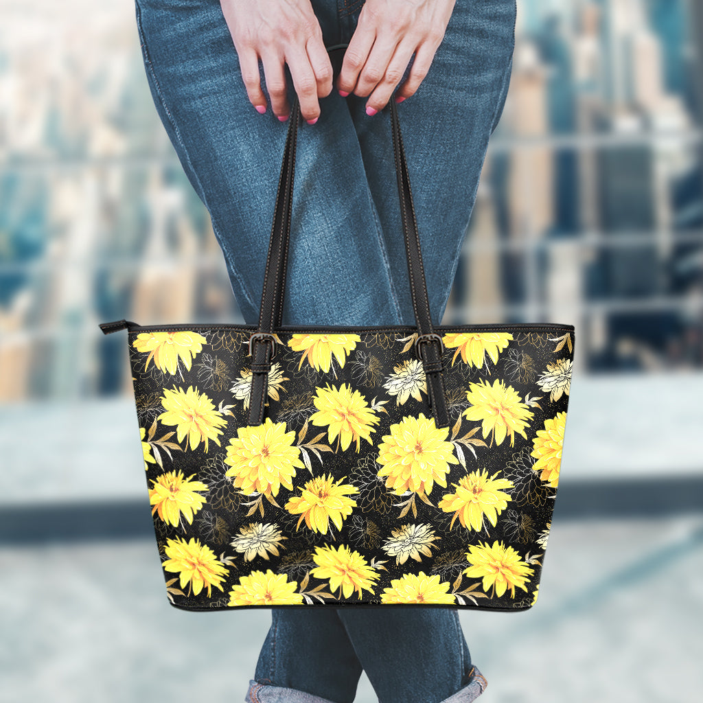 Gold And Yellow Floral Print Leather Tote Bag