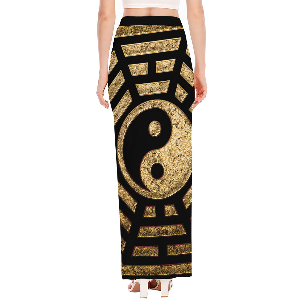 Gold Bagua Yin Yang Print High Slit Maxi Skirt