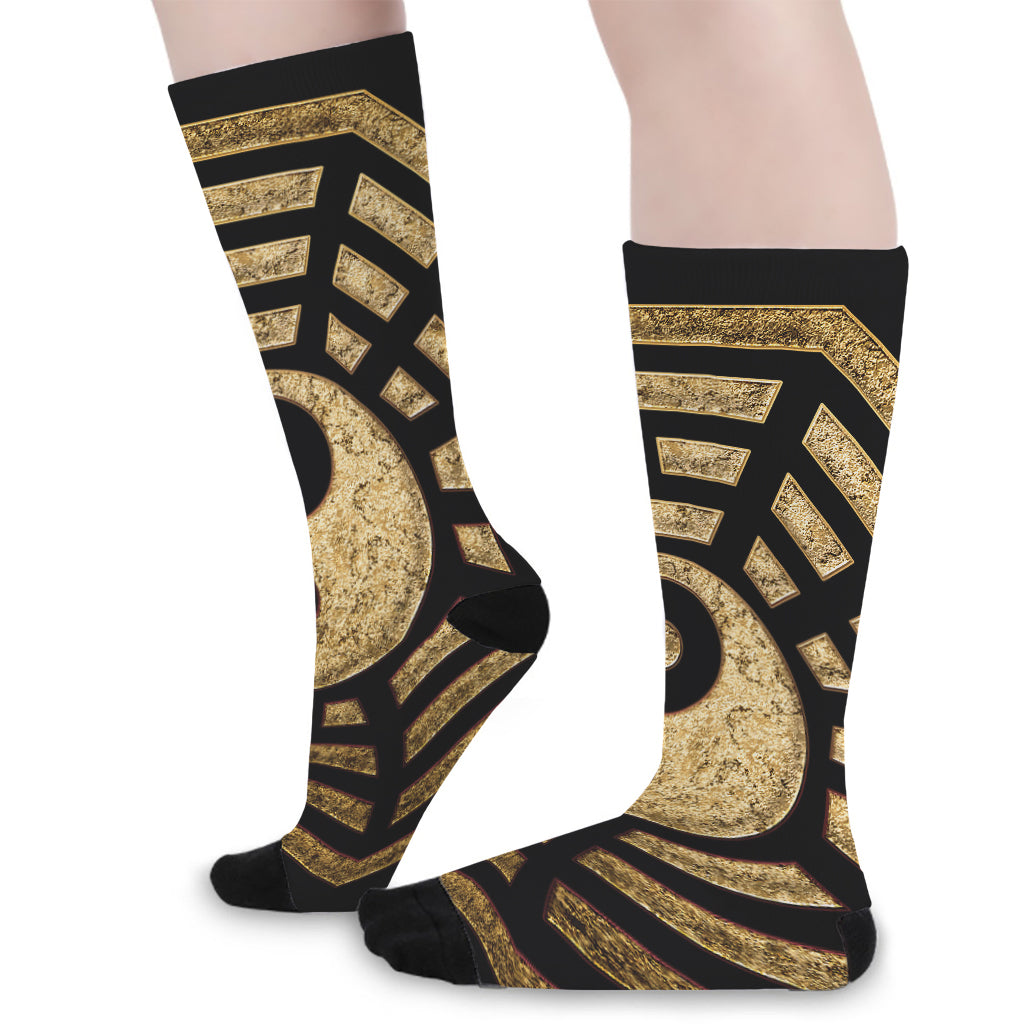 Gold Bagua Yin Yang Print Long Socks