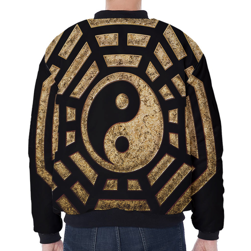 Gold Bagua Yin Yang Print Zip Sleeve Bomber Jacket
