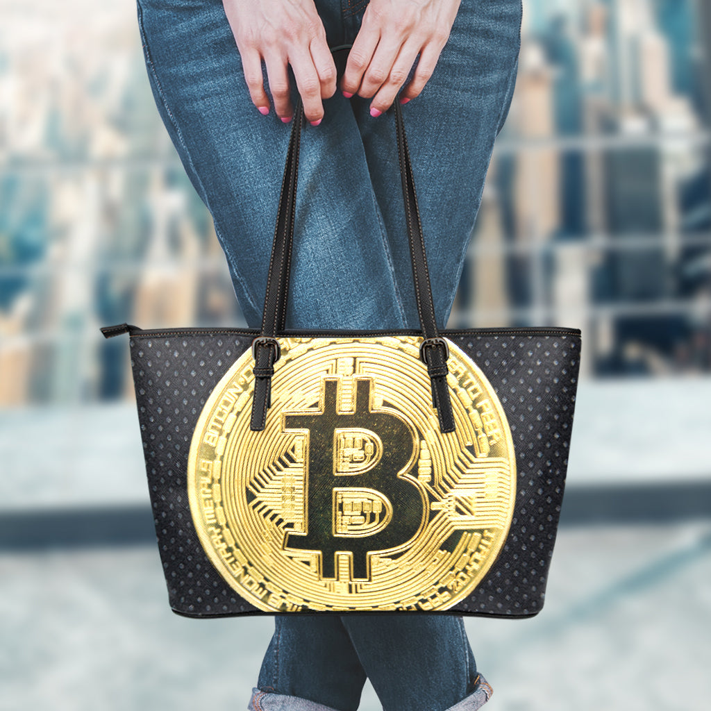 Gold Bitcoin Symbol Print Leather Tote Bag