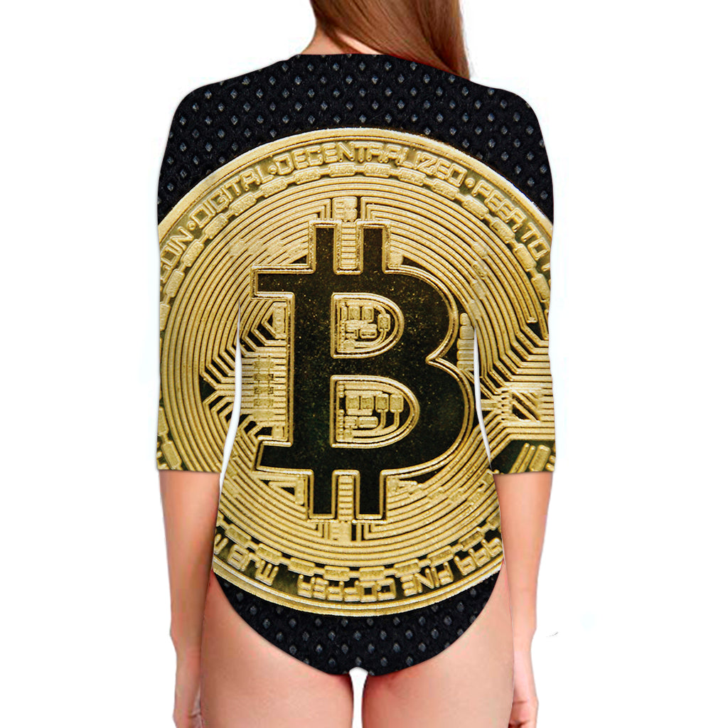 Gold Bitcoin Symbol Print Long Sleeve Swimsuit