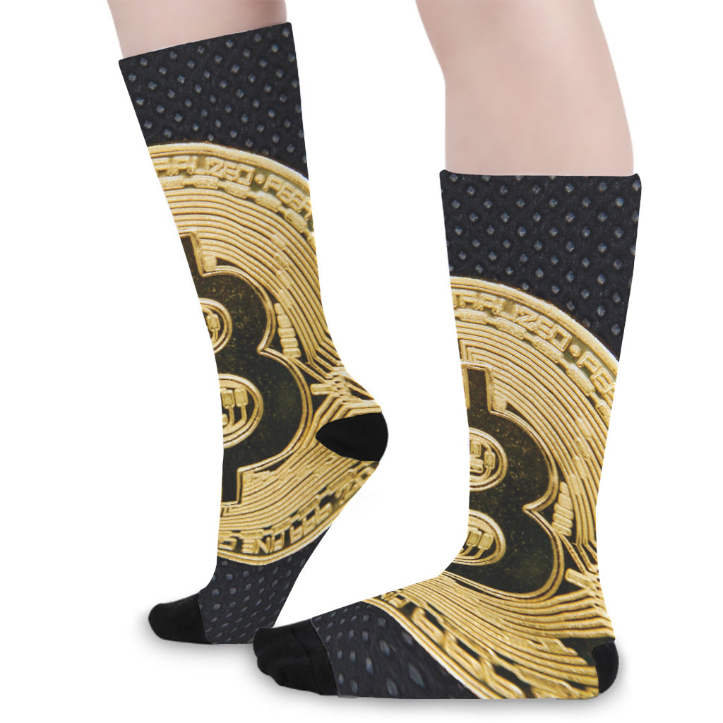 Gold Bitcoin Symbol Print Long Socks