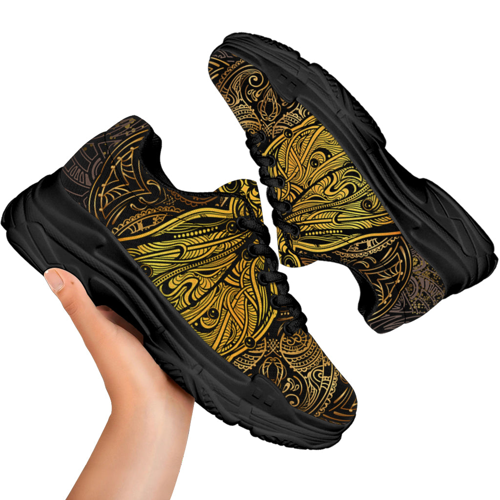Gold Boho Dragonfly Print Black Chunky Shoes