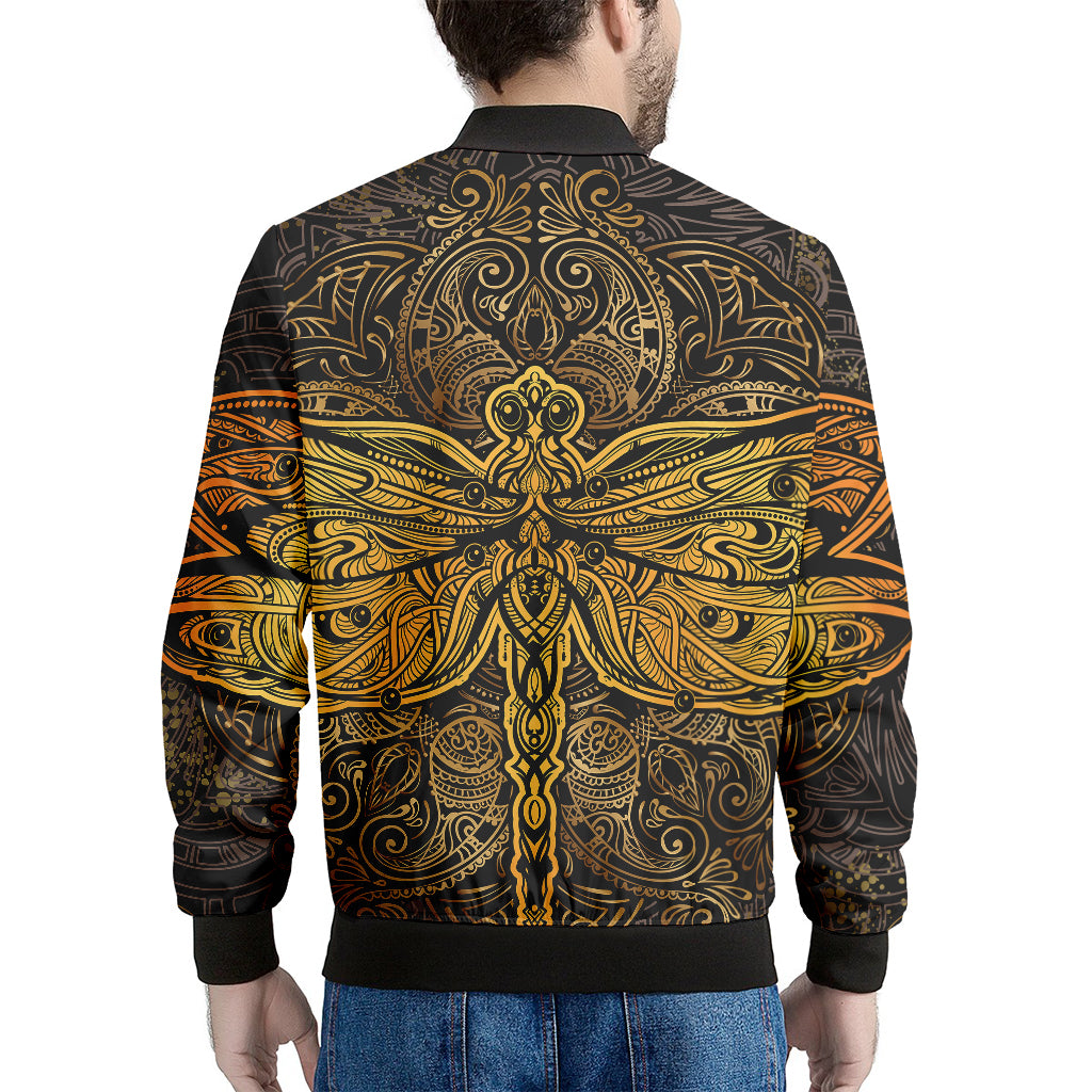 Gold Boho Dragonfly Print Men's Bomber Jacket