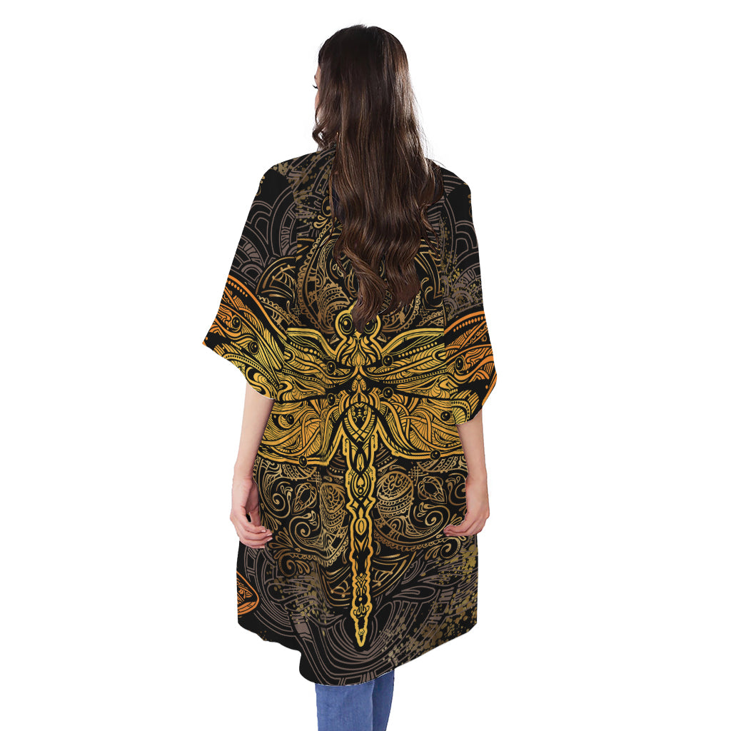 Gold Boho Dragonfly Print Open Front Beach Cover Up