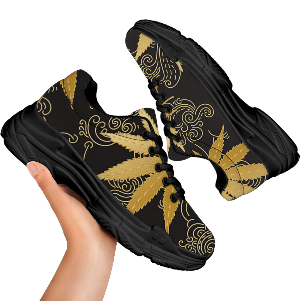 Gold Cannabis Leaf Pattern Print Black Chunky Shoes