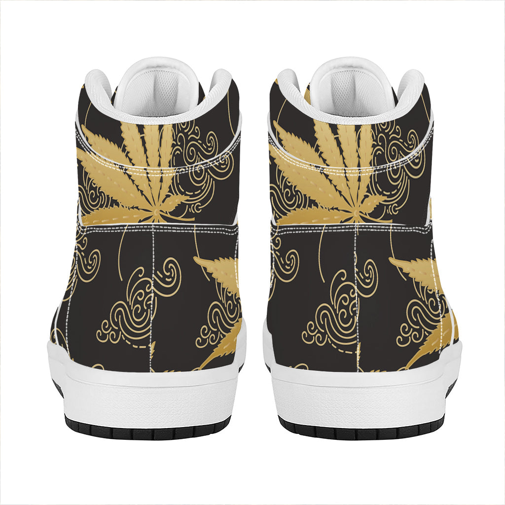 Gold Cannabis Leaf Pattern Print High Top Leather Sneakers