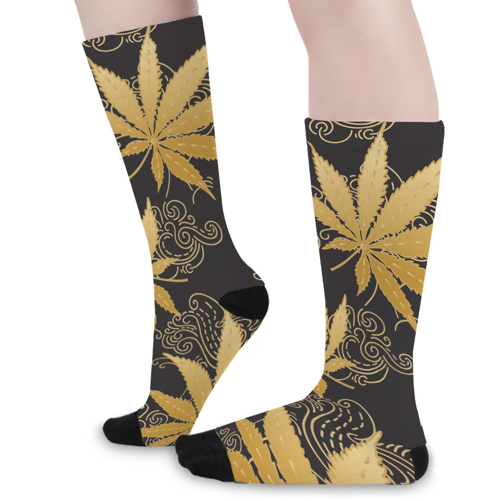 Gold Cannabis Leaf Pattern Print Long Socks
