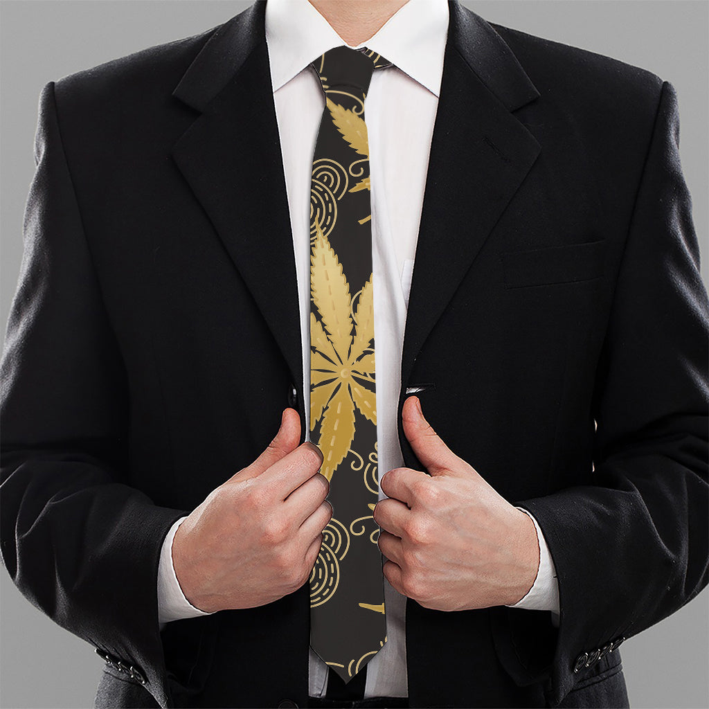 Gold Cannabis Leaf Pattern Print Necktie