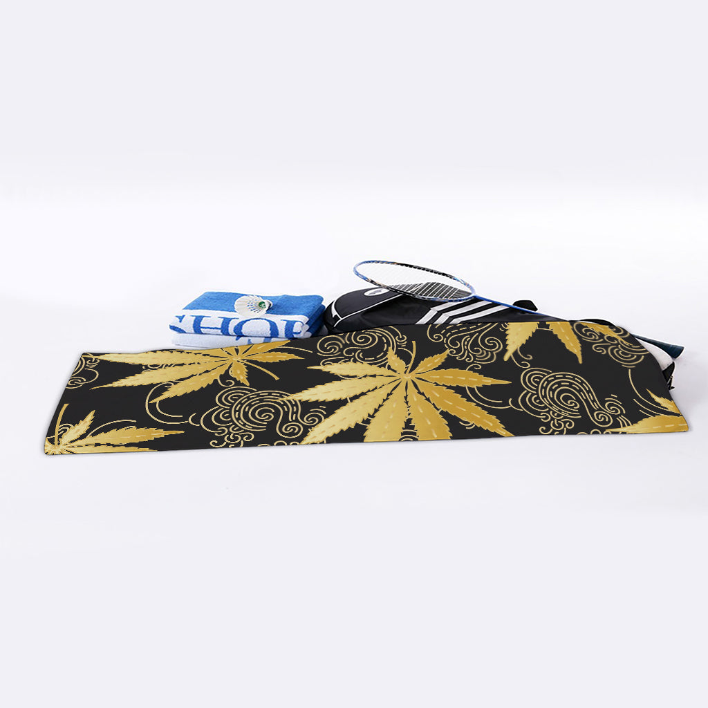Gold Cannabis Leaf Pattern Print Sports Towel