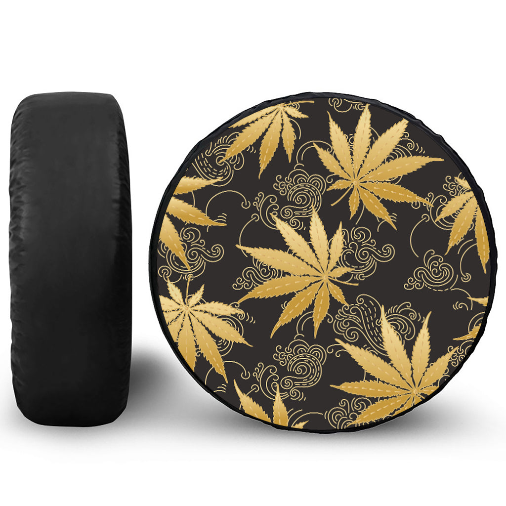 Gold Cannabis Leaf Pattern Print Tire Cover