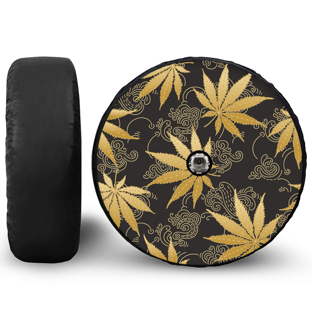 Gold Cannabis Leaf Pattern Print Tire Cover With Camera Hole