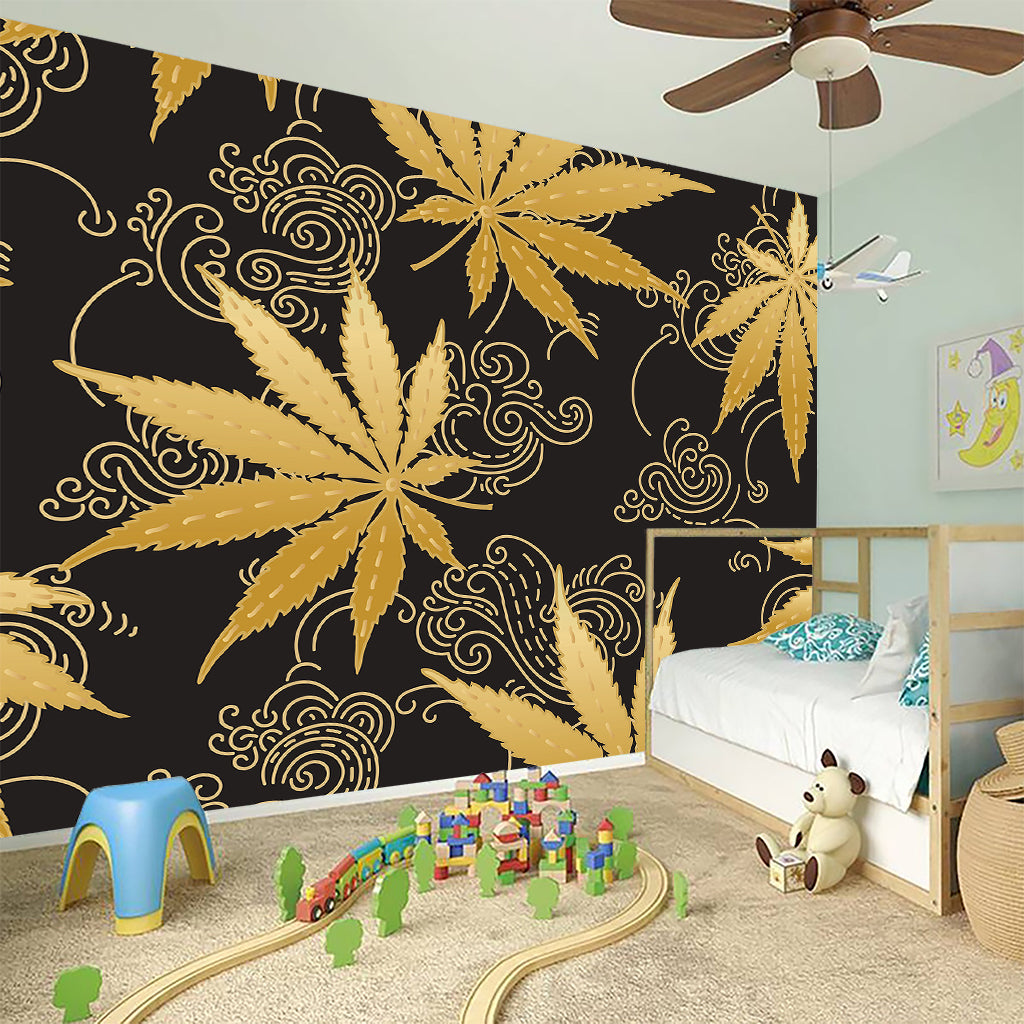 Gold Cannabis Leaf Pattern Print Wall Sticker