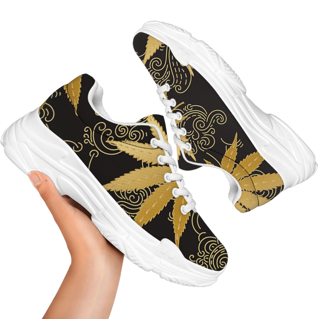 Gold Cannabis Leaf Pattern Print White Chunky Shoes