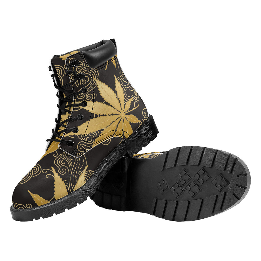 Gold Cannabis Leaf Pattern Print Work Boots