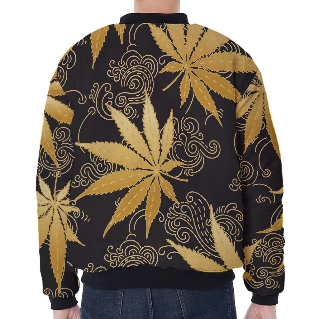 Gold Cannabis Leaf Pattern Print Zip Sleeve Bomber Jacket