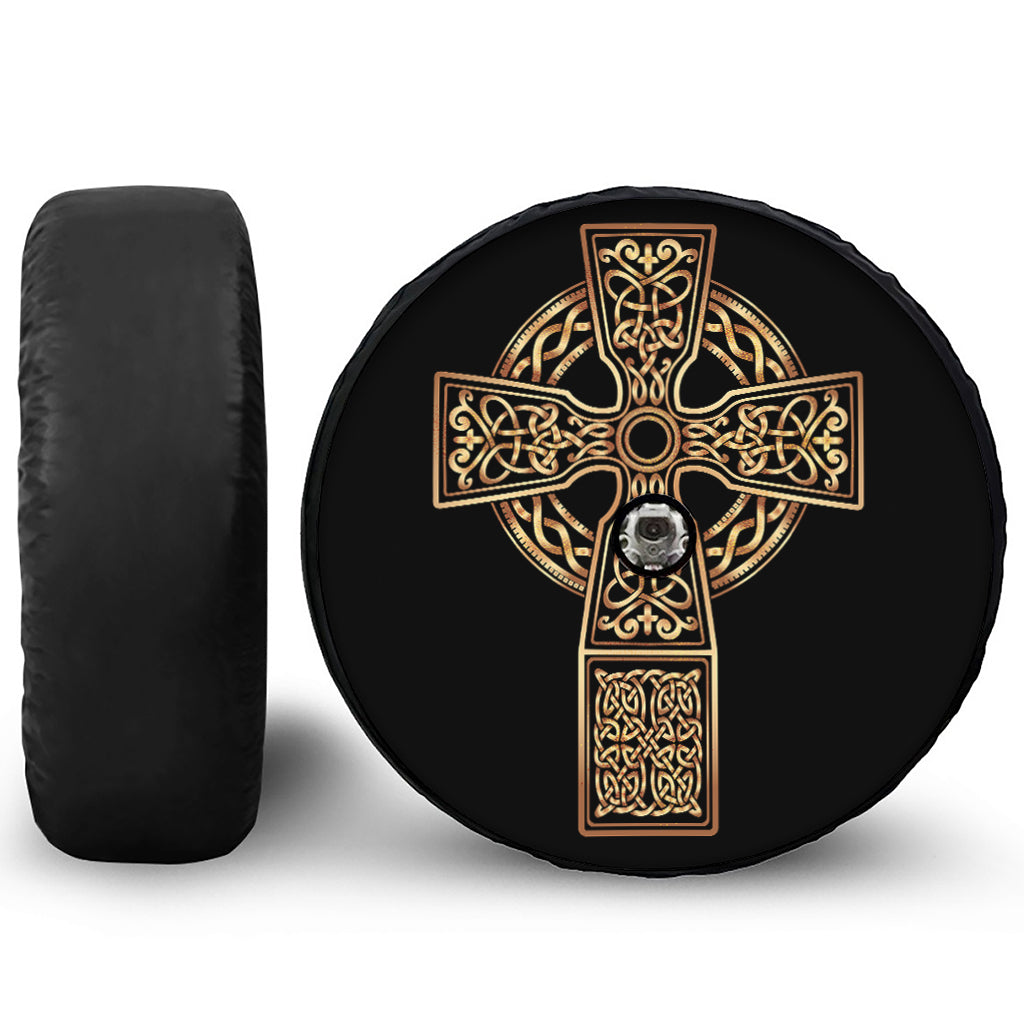 Gold Celtic Knot Cross Print Tire Cover With Camera Hole