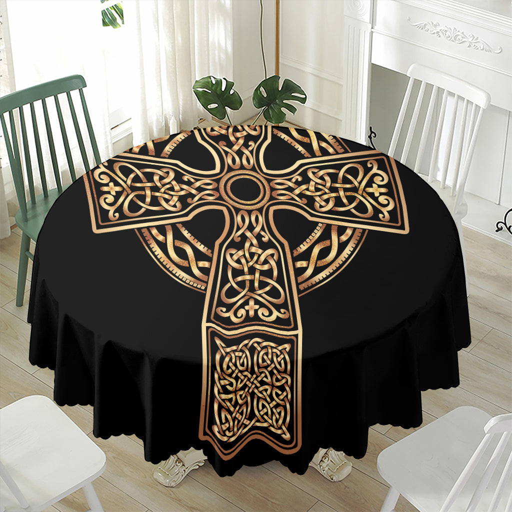 Gold Celtic Knot Cross Print Waterproof Round Tablecloth
