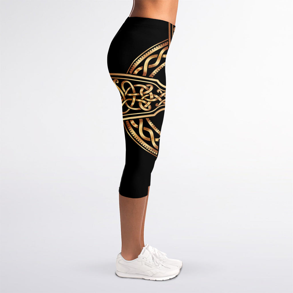 Gold Celtic Knot Cross Print Women's Capri Leggings