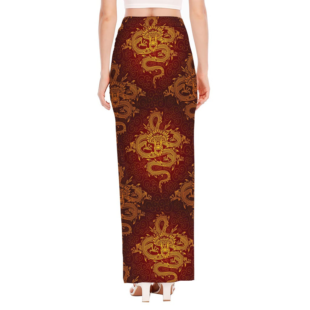 Gold Chinese Dragon Pattern Print High Slit Maxi Skirt