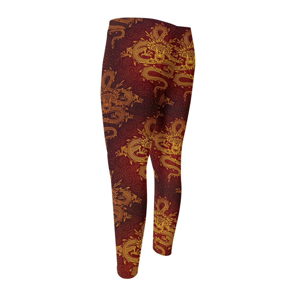 Gold Chinese Dragon Pattern Print Men's Compression Pants