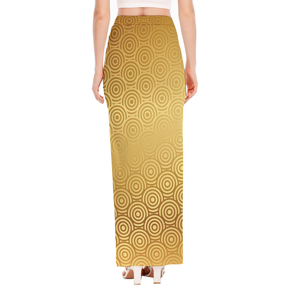Gold Chinese Pattern Print High Slit Maxi Skirt