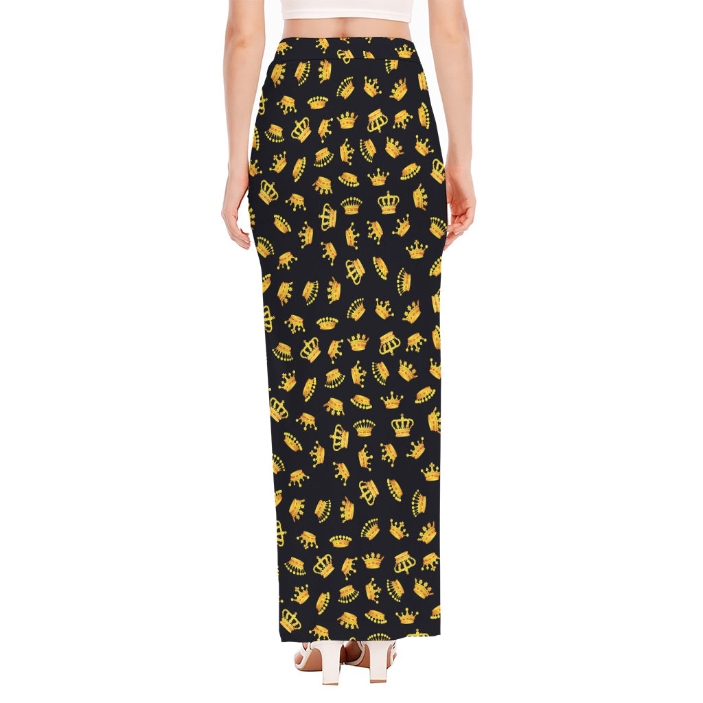 Gold Crown Pattern Print High Slit Maxi Skirt