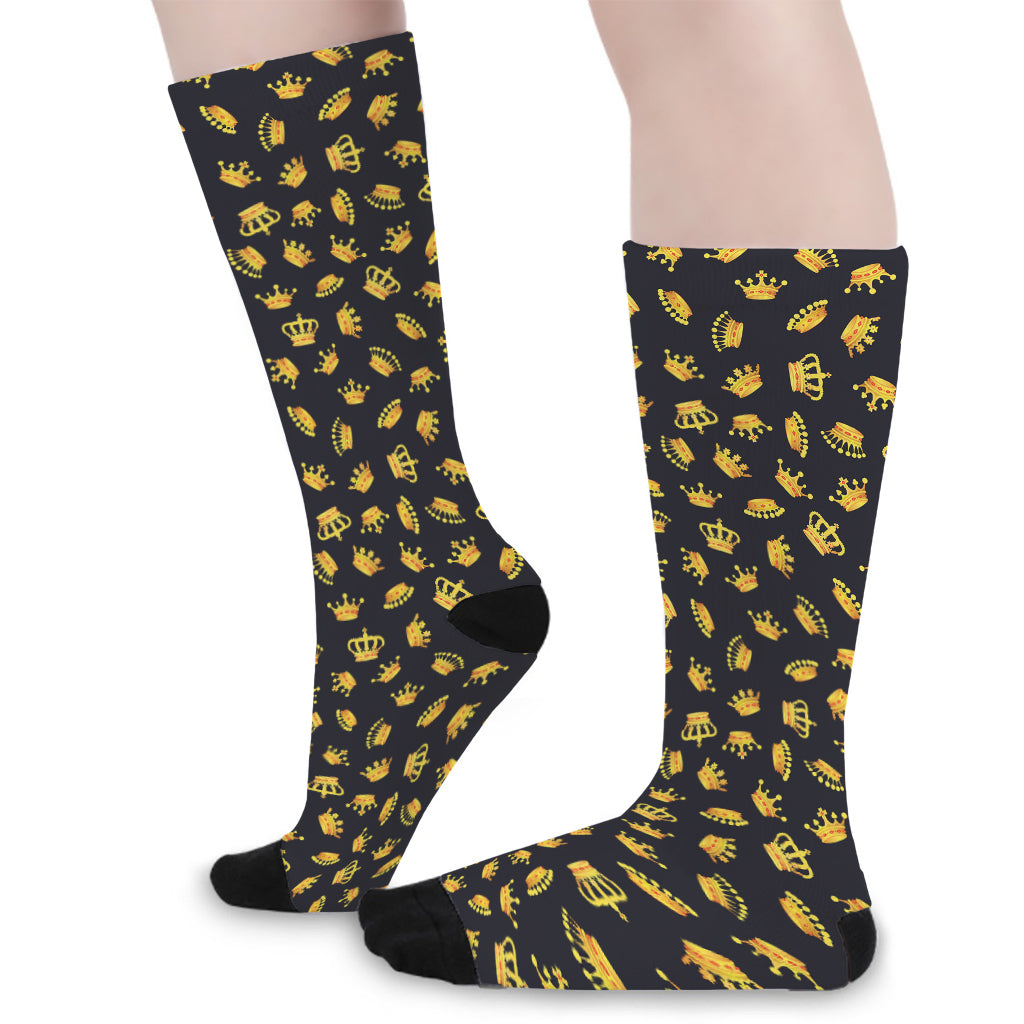 Gold Crown Pattern Print Long Socks