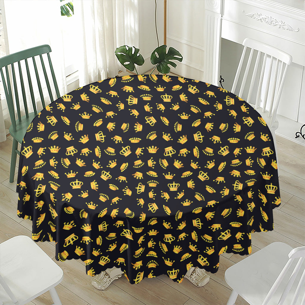 Gold Crown Pattern Print Waterproof Round Tablecloth