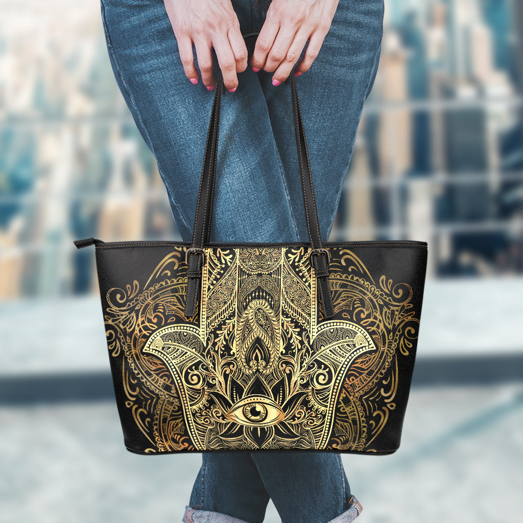 Gold Hamsa Hand Print Leather Tote Bag