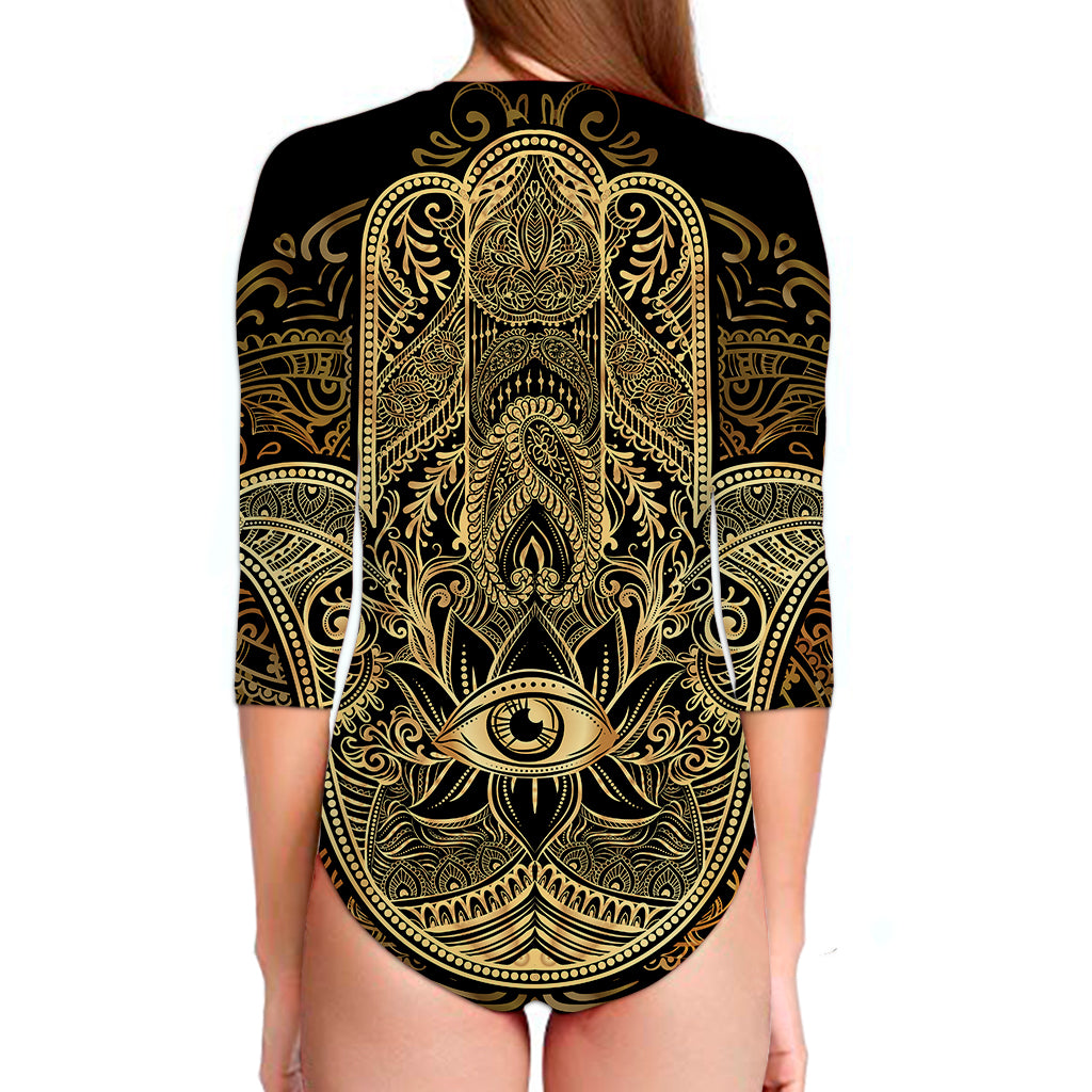 Gold Hamsa Hand Print Long Sleeve Swimsuit