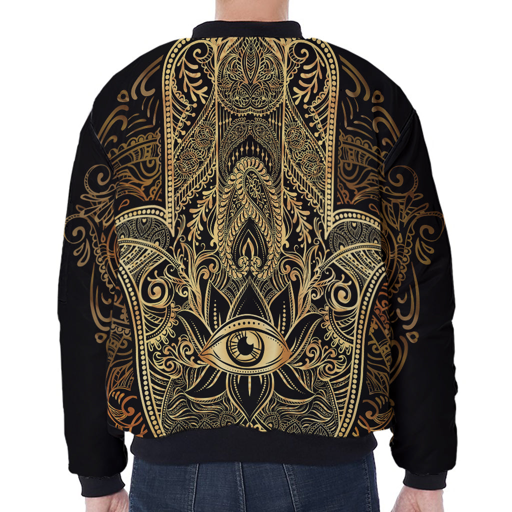 Gold Hamsa Hand Print Zip Sleeve Bomber Jacket
