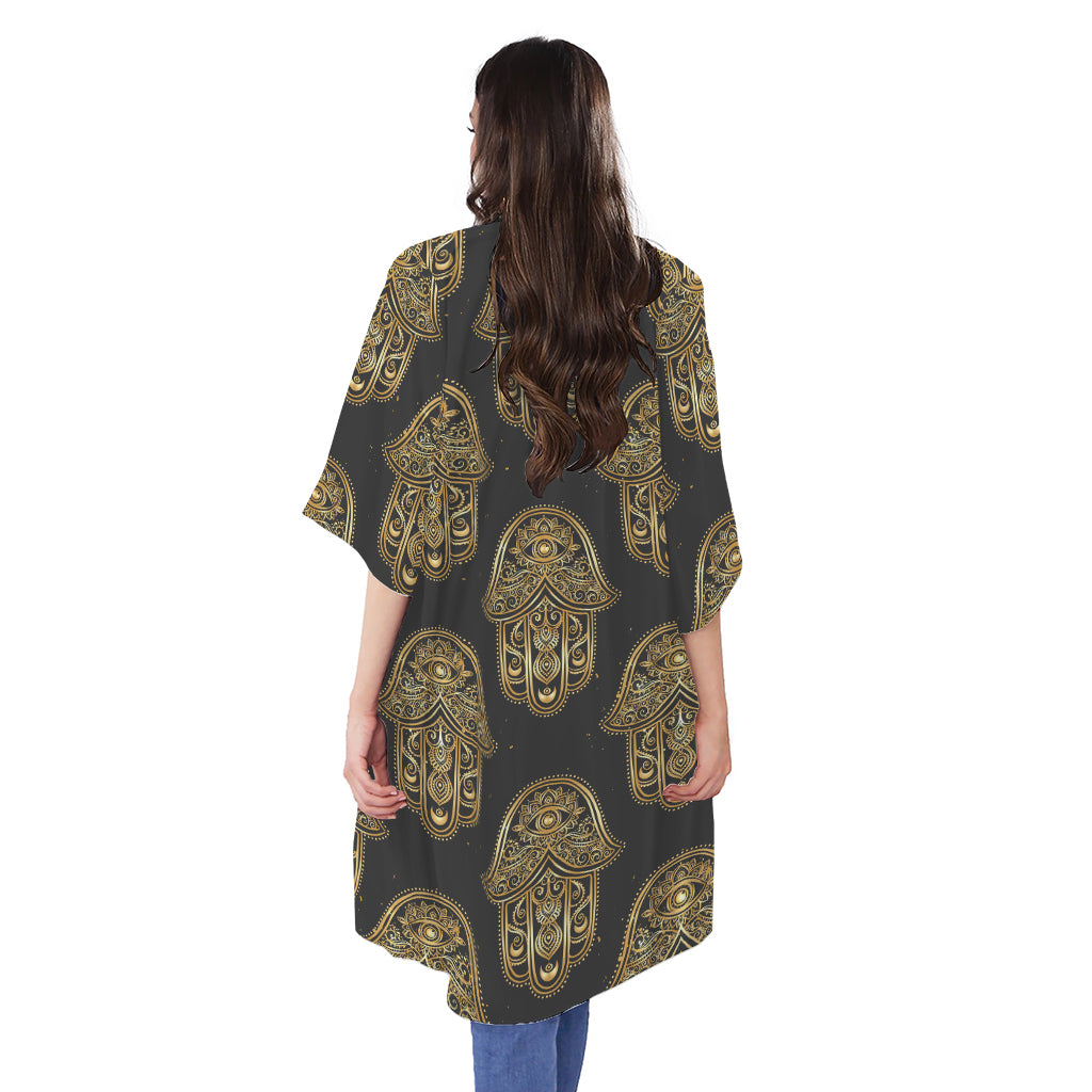 Gold Hamsa Pattern Print Open Front Beach Cover Up