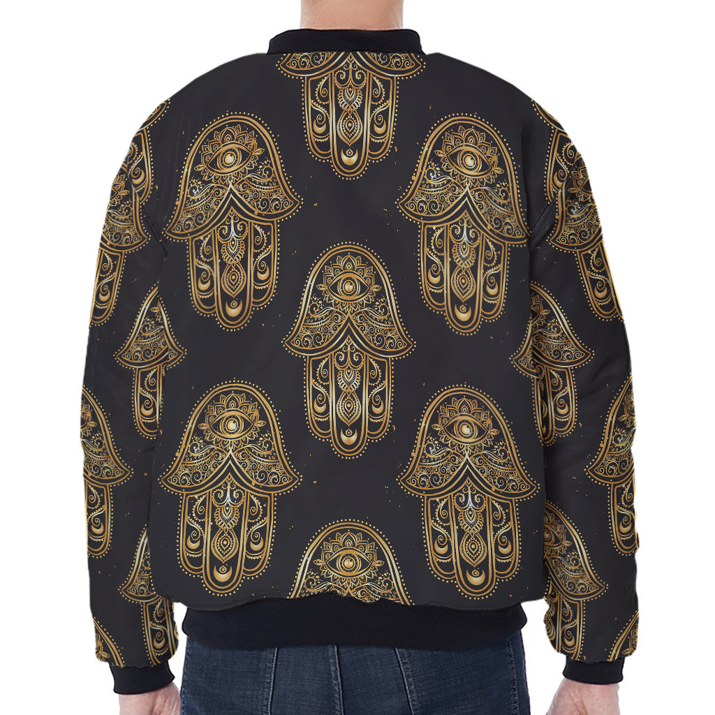 Gold Hamsa Pattern Print Zip Sleeve Bomber Jacket