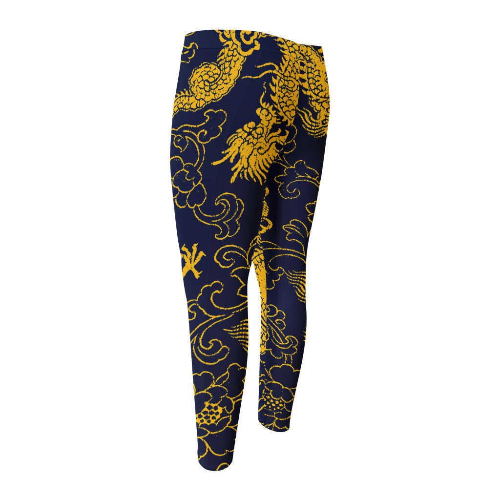 Gold Japanese Dragon Pattern Print Men's Compression Pants