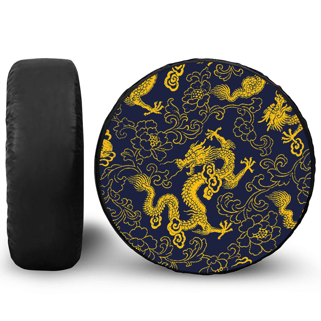Gold Japanese Dragon Pattern Print Tire Cover