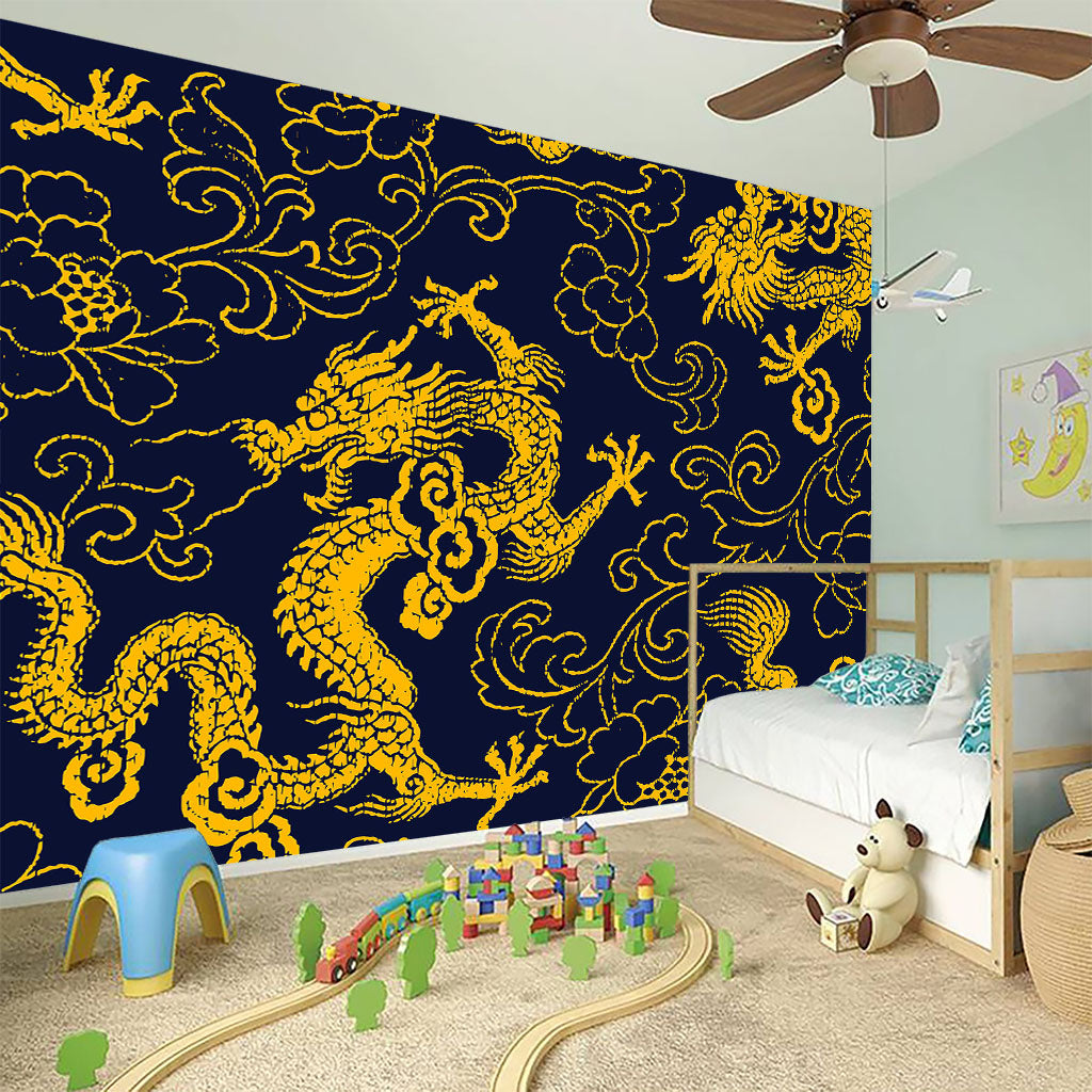 Gold Japanese Dragon Pattern Print Wall Sticker