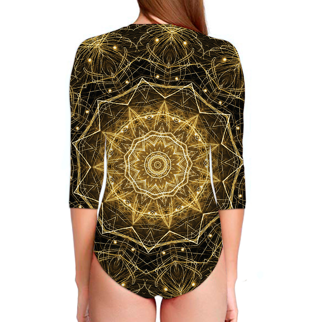 Gold Kaleidoscope Print Long Sleeve Swimsuit