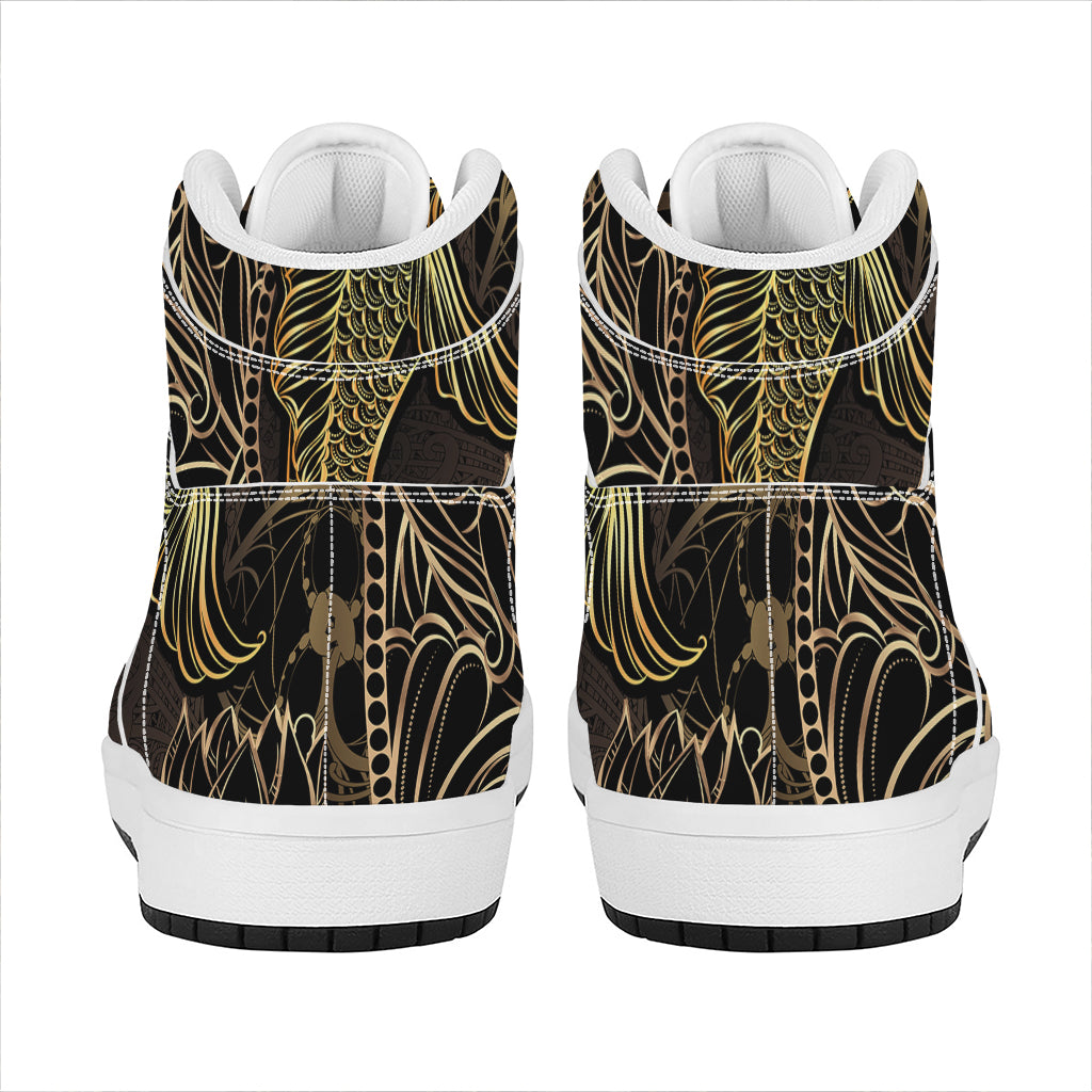 Gold Koi Carp Fish Print High Top Leather Sneakers