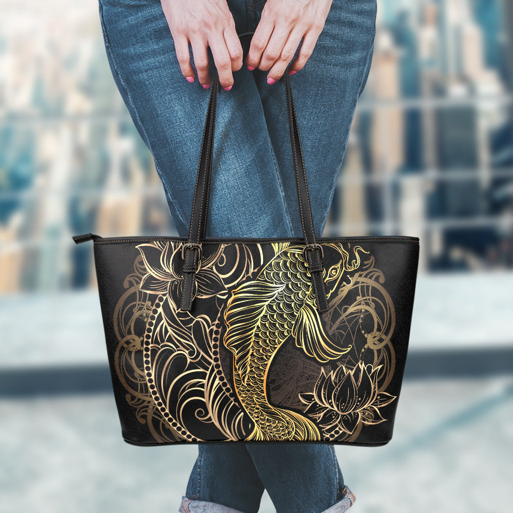 Gold Koi Carp Fish Print Leather Tote Bag