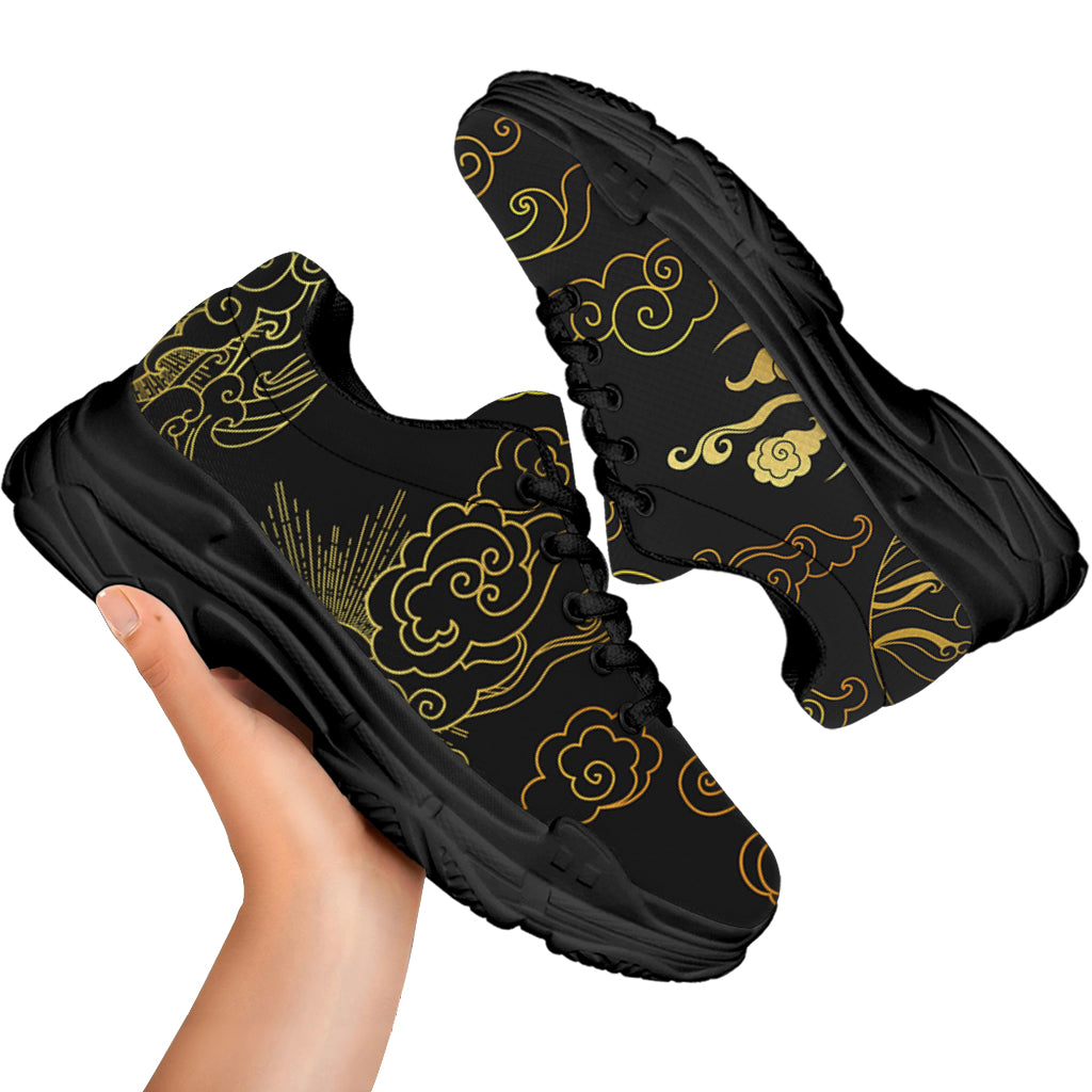 Gold Moon And Sun Print Black Chunky Shoes