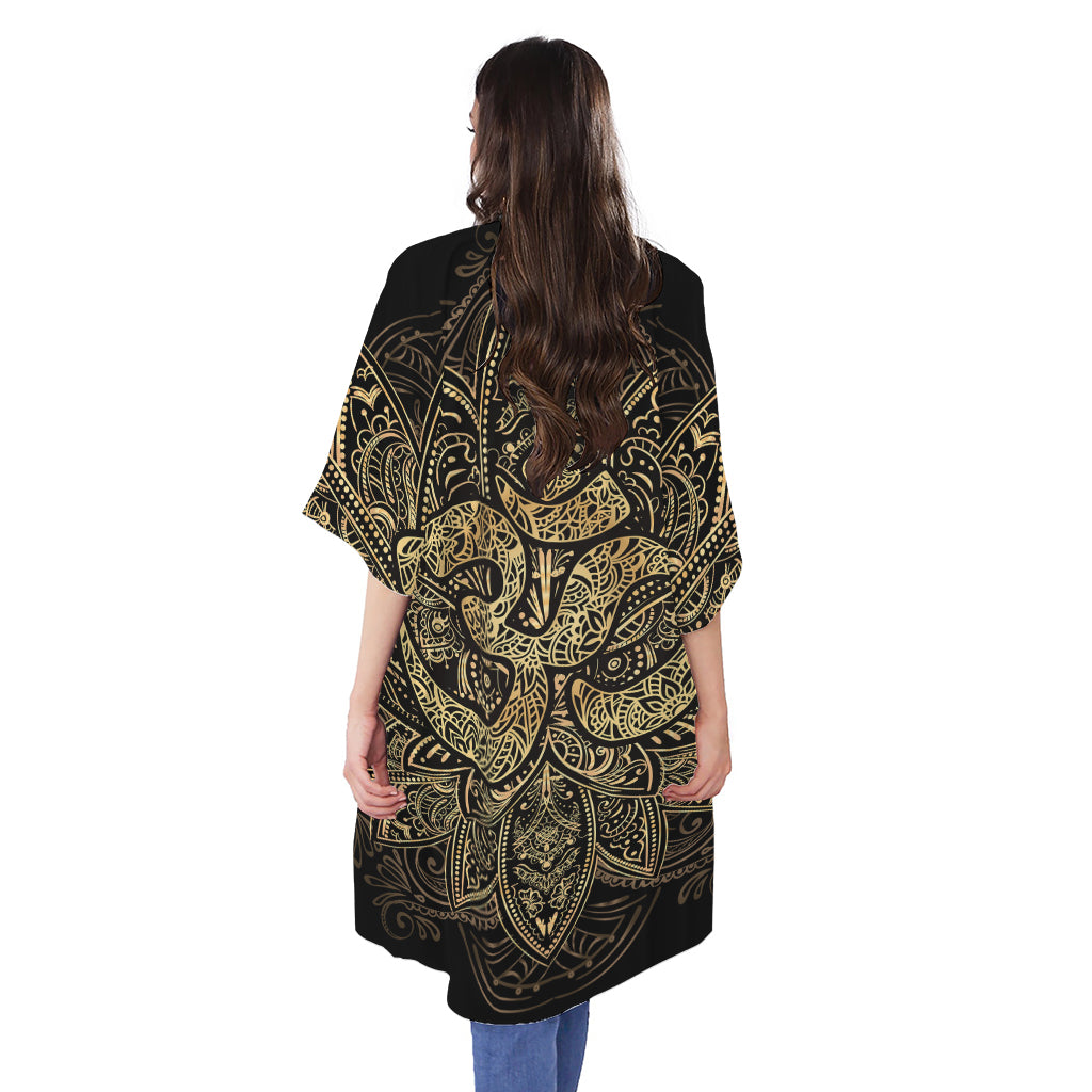 Gold Om Lotus Print Open Front Beach Cover Up