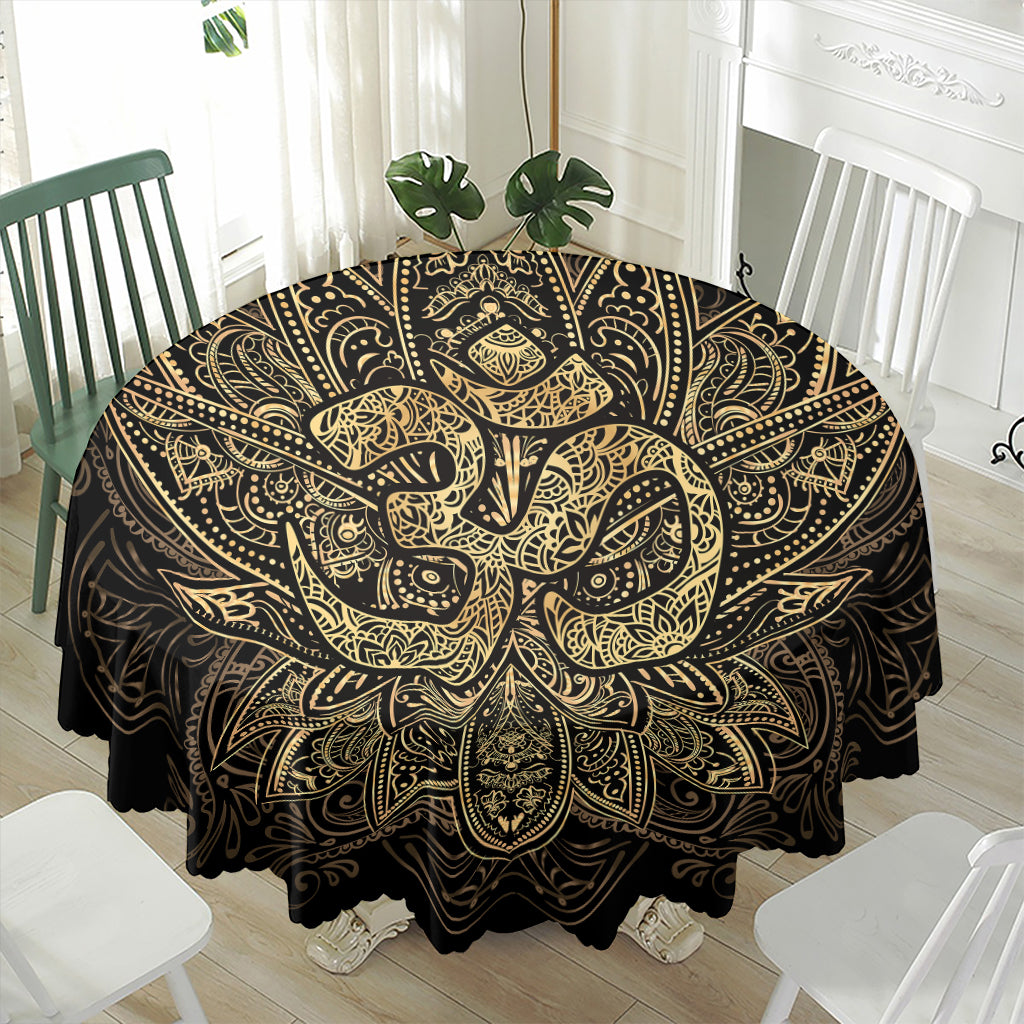 Gold Om Lotus Print Waterproof Round Tablecloth